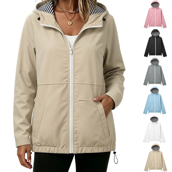 Xaqiouau Womens Solid Color Polyester Waterproof Hooded Jacket Mid‑Length Zip‑Up Coat With Adjustable Drawstring Hem Outdoor Casual Windbreaker A-Khaki XXL