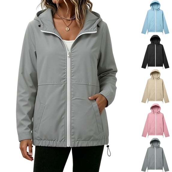 Xaqiouau Womens Solid Color Polyester Waterproof Hooded Jacket Mid‑Length Zip‑Up Coat With Adjustable Drawstring Hem Outdoor Casual Windbreaker Gray S