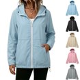 thumbnail image 1 of Xaqiouau Womens Solid Color Polyester Waterproof Hooded Jacket Mid‑Length Zip‑Up Coat With Adjustable Drawstring Hem Outdoor Casual Windbreaker Light Blue M, 1 of 9