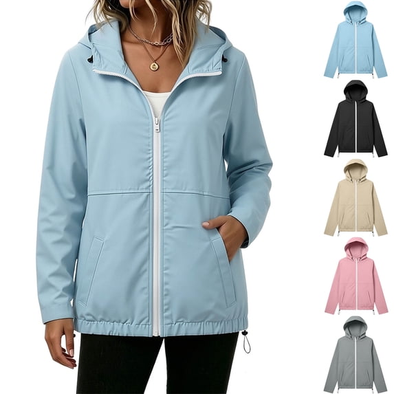 Xaqiouau Womens Solid Color Polyester Waterproof Hooded Jacket Mid‑Length Zip‑Up Coat With Adjustable Drawstring Hem Outdoor Casual Windbreaker Light Blue M