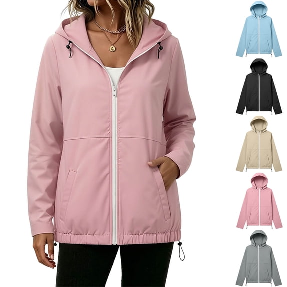 Xaqiouau Womens Solid Color Polyester Waterproof Hooded Jacket Mid‑Length Zip‑Up Coat With Adjustable Drawstring Hem Outdoor Casual Windbreaker Pink XL