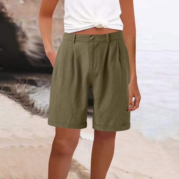 Xaqiouau Womens Solid High Waisted Pleated Cotton Linen Bermuda Shorts Loose Fit Knee Length Casual Shorts with Pockets for Summer Daily Wear
