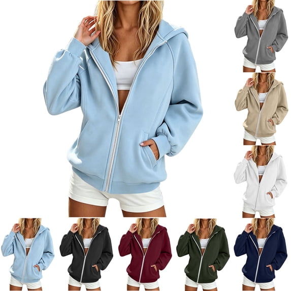 Xaqiouau Womens Solid Hoodies Fall Casual Long Sleeve Raglan Sleeve Full Zip Sweatshirt Loose Comfy Trendy Outer Tops with Side Pockets For Daily Athleisure Outfits Light Blue L
