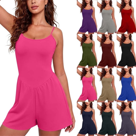 Xaqiouau Womens Solid Jumpsuits Spaghetti Strap Scoop Neck V Waist Short Jumpsuits Casual Summer Outfits for Daily Wear Vacation