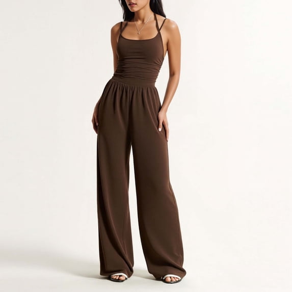 Xaqiouau Womens Solid Jumpsuits Spaghetti Strap Square Neck Ruched Waist Wide Leg Casual Outfits for Summer Daily Wear Vacation Party