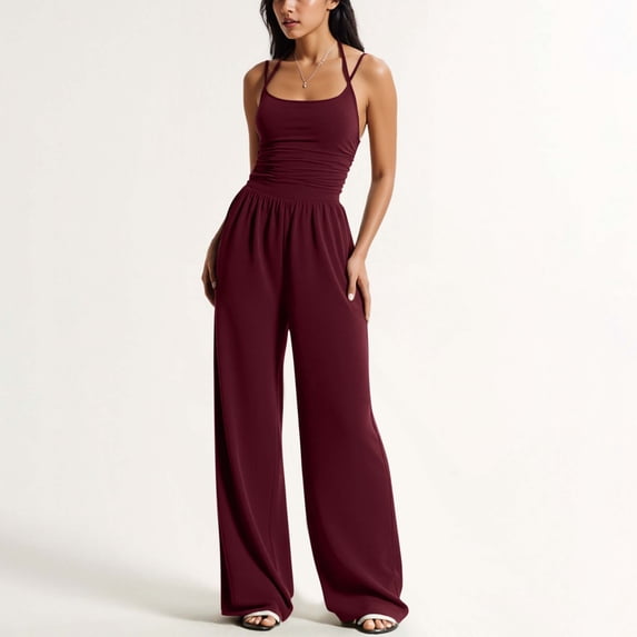 Xaqiouau Womens Solid Jumpsuits Spaghetti Strap Square Neck Ruched Waist Wide Leg Casual Outfits for Summer Daily Wear Vacation Party