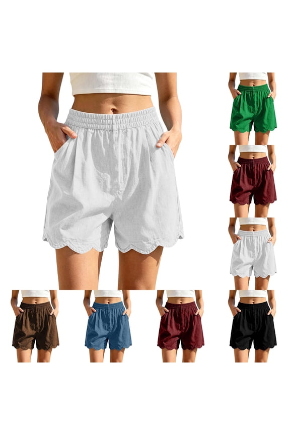 Womens Solid Linen Blend Shorts Elastic Waist Scalloped Hem Side Pockets Casual Summer Loose Fit Shorts for Daily Wear Vacation Beach