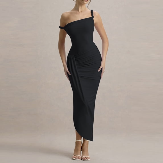 Xaqiouau Womens Solid One Shoulder Midi Dress Sleeveless Ruched Asymmetrical Hem Bodycon Stretchy Formal Wedding Guest Party Dress