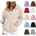 thumbnail image 1 of Xaqiouau Womens Solid Polyester Collar Partial Button Placket Side Pocket Oversized Long Sleeve Pullover Sweatshirt Casual Fall Daily Top Beige M, 1 of 8