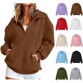 thumbnail image 1 of Xaqiouau Womens Solid Polyester Collar Partial Button Placket Side Pocket Oversized Long Sleeve Pullover Sweatshirt Casual Fall Daily Top Coffee L, 1 of 8