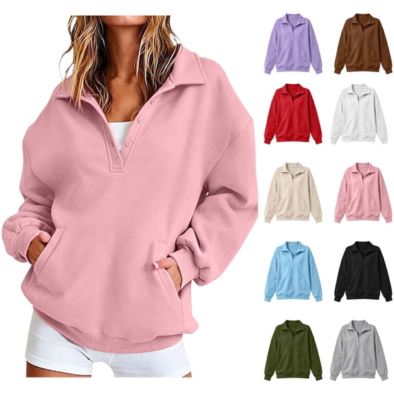 Xaqiouau Womens Solid Polyester Collar Partial Button Placket Side Pocket Oversized Long Sleeve Pullover Sweatshirt Casual Fall Daily Top Pink L
