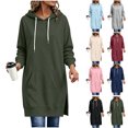 thumbnail image 1 of Xaqiouau Womens Solid Polyester Spandex Drawstring Hood Exterior Pocket Drawstring Waist Side Slit Hem Oversized Longline Long Sleeve Pullover Hooded Sweatshirt Army Green XL, 1 of 7
