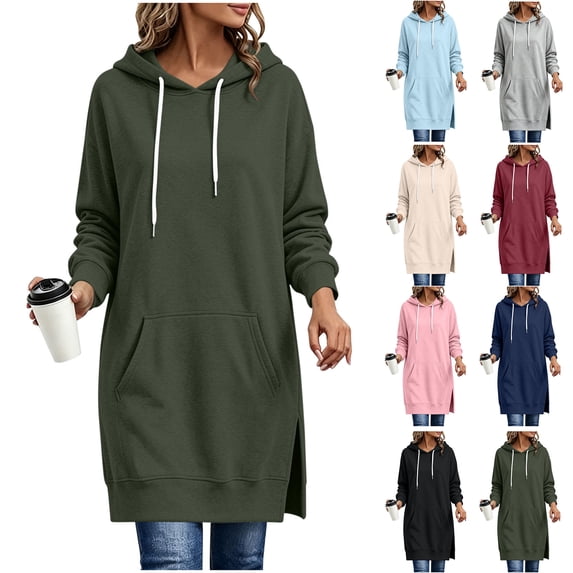 Xaqiouau Womens Solid Polyester Spandex Drawstring Hood Exterior Pocket Drawstring Waist Side Slit Hem Oversized Longline Long Sleeve Pullover Hooded Sweatshirt Army Green XL