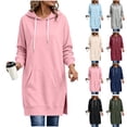 thumbnail image 1 of Xaqiouau Womens Solid Polyester Spandex Drawstring Hood Exterior Pocket Drawstring Waist Side Slit Hem Oversized Longline Long Sleeve Pullover Hooded Sweatshirt Pink L, 1 of 7