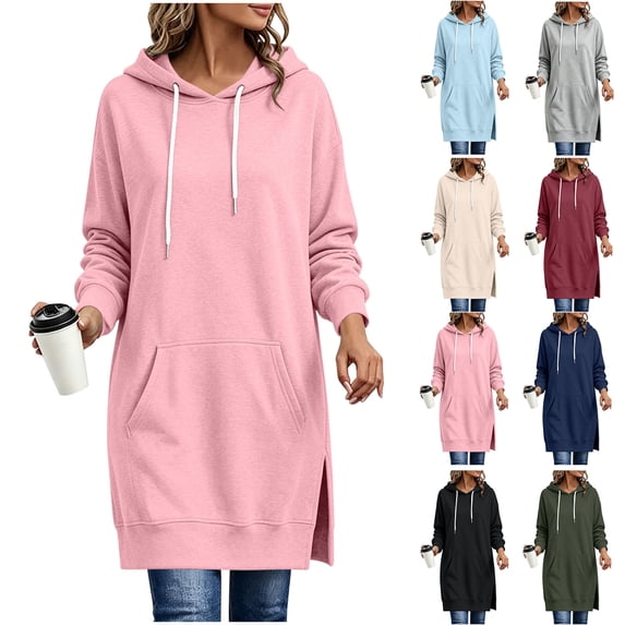 Xaqiouau Womens Solid Polyester Spandex Drawstring Hood Exterior Pocket Drawstring Waist Side Slit Hem Oversized Longline Long Sleeve Pullover Hooded Sweatshirt Pink L