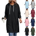 thumbnail image 1 of Xaqiouau Womens Solid Polyester Spandex Drawstring Hood Exterior Pocket Drawstring Waist Side Slit Hem Oversized Longline Long Sleeve Pullover Hooded Sweatshirt Black XL, 1 of 7