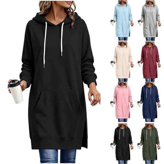 Xaqiouau Womens Solid Polyester Spandex Drawstring Hood Exterior Pocket Drawstring Waist Side Slit Hem Oversized Longline Long Sleeve Pullover Hooded Sweatshirt Black XL