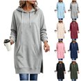 thumbnail image 1 of Xaqiouau Womens Solid Polyester Spandex Drawstring Hood Exterior Pocket Drawstring Waist Side Slit Hem Oversized Longline Long Sleeve Pullover Hooded Sweatshirt Gray S, 1 of 7