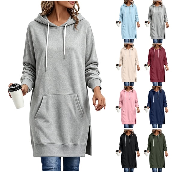 Xaqiouau Womens Solid Polyester Spandex Drawstring Hood Exterior Pocket Drawstring Waist Side Slit Hem Oversized Longline Long Sleeve Pullover Hooded Sweatshirt Gray S
