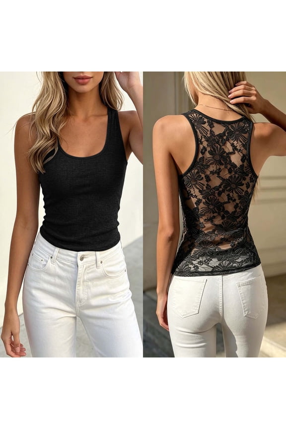 Womens Solid Ribbed Tank Tops U Neck Racerback Floral Lace Back Slim Fit Casual Summer Tops for Daily Wear Layering Party