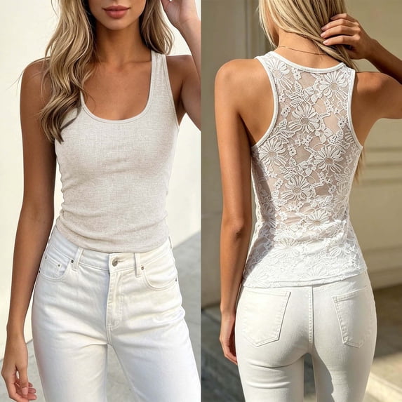 Xaqiouau Womens Solid Ribbed Tank Tops U Neck Racerback Floral Lace Back Slim Fit Casual Summer Tops for Daily Wear Layering Party