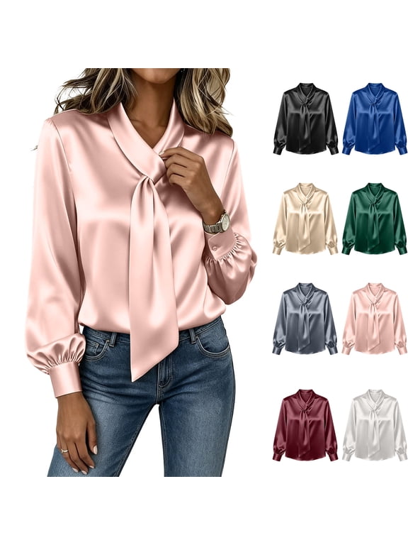 Womens Solid Satin Tie V Neck Long Sleeve Blouse Elastic Bubble Cuffs Loose Elegant Dressy Office Wedding Dating Tops Pink M