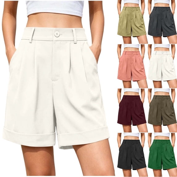 Xaqiouau Womens Solid Shorts High Waisted Dressy Casual Pleated Bermuda Shorts Summer Loose Fit Business Casual Shorts With Pockets