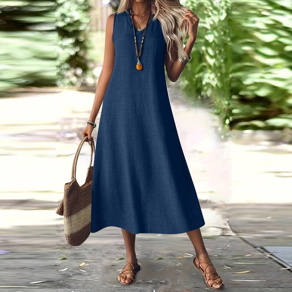 Xaqiouau Womens Solid Sleeveless V Neck Linen Blend Maxi Dress Loose Flowy A Line Casual Summer Beach Vacation Kaftan Long Dress Daily Wear