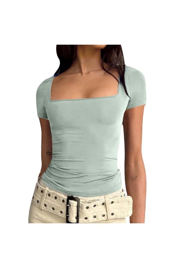 Womens Solid Square Neck Short Sleeve Fitted Cropped Tops Basic Slim Fit Casual Summer T Shirts for Women