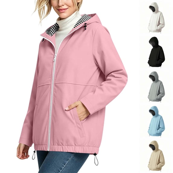 Xaqiouau Womens Solid Thin Mountaineering Jacket Sun Protection Waterproof Sports Drawstring Long Sleeved Hooded Jacket Striped Lining