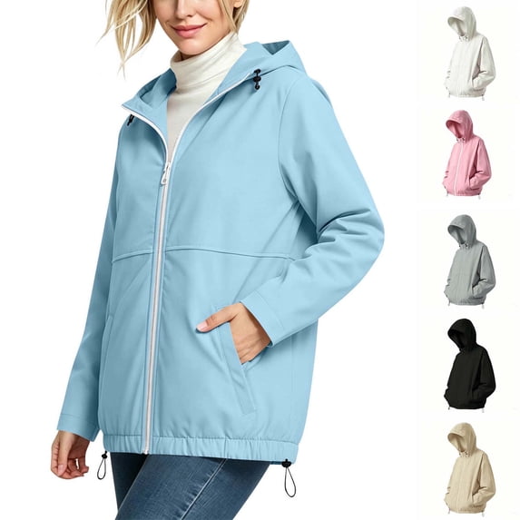 Xaqiouau Womens Solid Thin Mountaineering Jacket Sun Protection Waterproof Sports Drawstring Long Sleeved Hooded Jacket