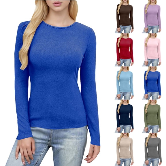 Xaqiouau Womens Solid Trendy Polyester Spandex Ribbed Knit Crew Neck Top Side Ruched Slim Fit Long Sleeve Daily Pullover Top Blue M