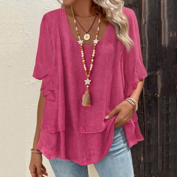 Xaqiouau Womens Solid V Neck Ruffle Short Sleeve Blouse Loose Fit Layered Flowy Casual Boho Lightweight Tunic Top