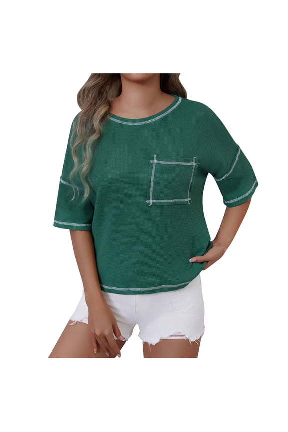 Womens Solid Waffle Knit Round Neck Tops Casual Loose Fit Elbow Sleeve Patch Pocket Contrast Stitch T Shirts Blouses for Women Daily Wear