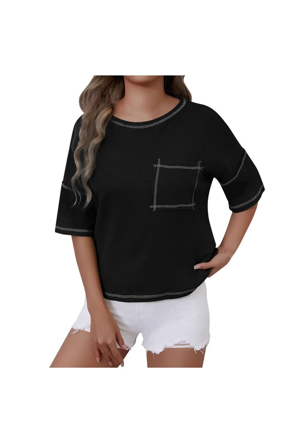 Womens Solid Waffle Knit Round Neck Tops Casual Loose Fit Elbow Sleeve Patch Pocket Contrast Stitch T Shirts Blouses for Women Daily Wear