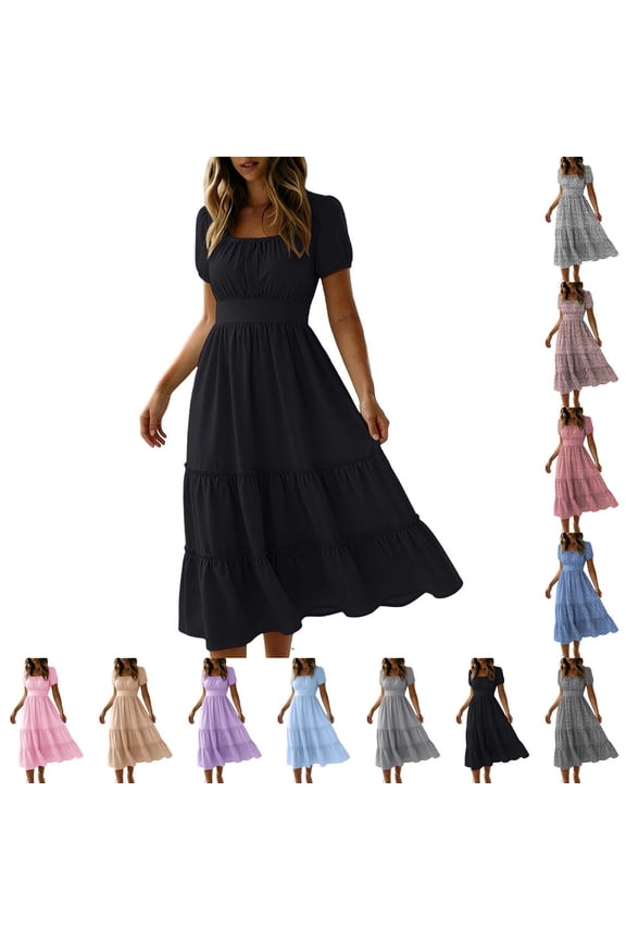 Womens Square Neck Dress Short Sleeve Smocked Waist Tiered Ruffle Midi Dress Wedding Guest Bridesmaid Boho Dresses for Women