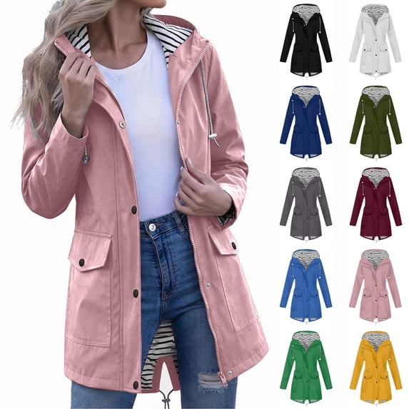 Xaqiouau Womens Striped Lined Hooded Jacket Mid-Length Water-Resistant Windproof Coat Quick Dry Lightweight Outerwear Outdoor Hiking Casual Daily Windbreaker Pink S