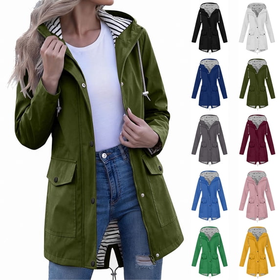 Xaqiouau Womens Striped Lined Hooded Jacket Mid-Length Water-Resistant Windproof Coat Quick Dry Lightweight Outerwear Outdoor Hiking Casual Daily Windbreaker Army Green XXL