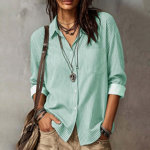 Xaqiouau Womens Striped Tops for Women Button Down Shirt Long Sleeve Vertical Stripe Casual Blouse Loose Fit Collared Top