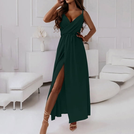 Xaqiouau Womens Summer Elegant Spaghetti Strap V Neck Wrap Maxi Dress High Split Waist Tie Sleeveless Flowy A Line Formal Evening Gown For Wedding Party Cocktail Vacation Beach