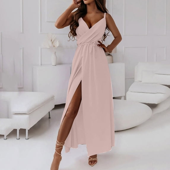 Xaqiouau Womens Summer Elegant Spaghetti Strap V Neck Wrap Maxi Dress High Split Waist Tie Sleeveless Flowy A Line Formal Evening Gown For Wedding Party Cocktail Vacation Beach