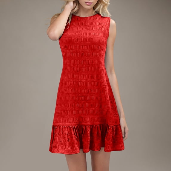 Xaqiouau Womens Summer Sleeveless Mini Dress Round Neck Textured Ruffle Hem A Line Flowy Swing Dress Casual Loose Fit Comfortable Cocktail Party Sundress For Daily Wear Vacation Beach