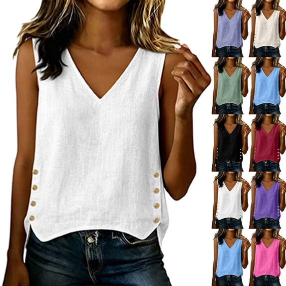 Xaqiouau Womens V Neck Linen Blend Sleeveless Tank Top Side Button Breathable Casual Summer Blouse