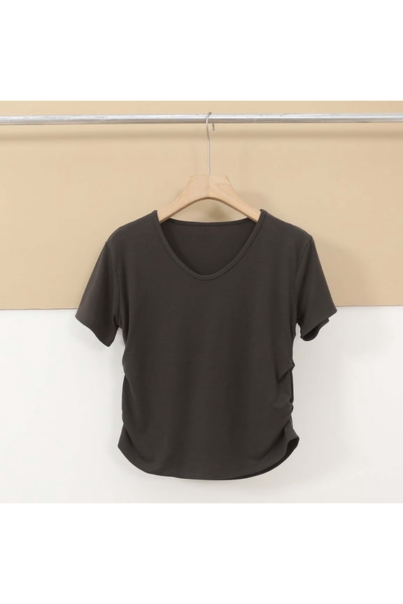 Womens V Neck Short Sleeve T Shirt Side Ruched Form Fitted Soft Casual Basic Tee For Daily Wear
