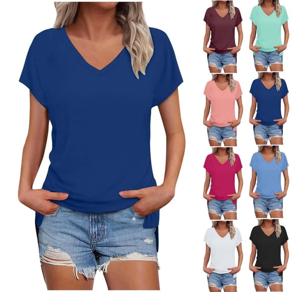 Xaqiouau Womens V Neck T Shirt Casual Loose Fit Short Sleeve Summer Tops Soft Lightweight Basic Tee
