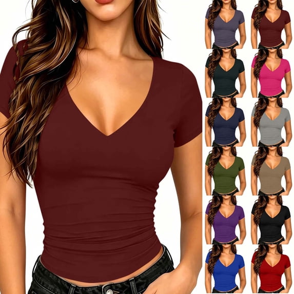 Xaqiouau Womens V Neck Tops Short Sleeve Ruched Slim Fitted Shirts Going Out Dressy Solid Blouses Summer Basic Tees