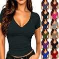 thumbnail image 1 of Xaqiouau Womens V Neck Tops Short Sleeve Ruched Slim Fitted Shirts Going Out Dressy Solid Blouses Summer Basic Tees, 1 of 8