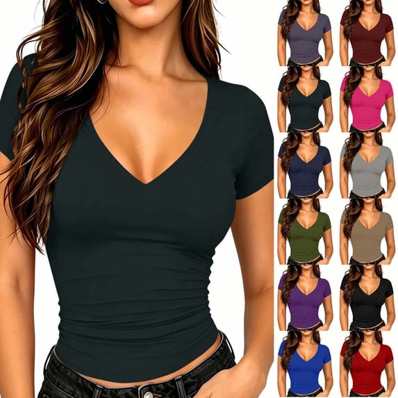 Xaqiouau Womens V Neck Tops Short Sleeve Ruched Slim Fitted Shirts Going Out Dressy Solid Blouses Summer Basic Tees
