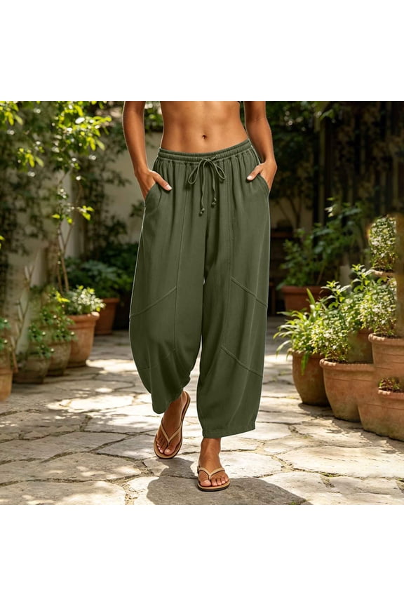 Womens Washed Faux Linen Harem Capri Pants Adjustable Drawstring High Waist Geometric Patch Stitching Side Pocket Bohemian Resort Summer Daily Casual Bottoms Army Green S