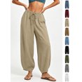 thumbnail image 1 of Xaqiouau Womens Washed Faux Linen Harem Capri Pants Adjustable Drawstring High Waist Geometric Patch Stitching Side Pocket Bohemian Resort Summer Daily Casual Bottoms Khaki L, 1 of 8